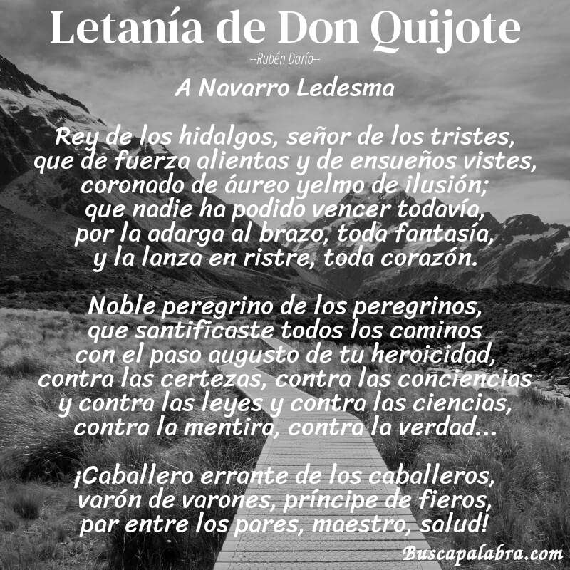 Poema Letanía de Don Quijote de Rubén Darío con fondo de paisaje