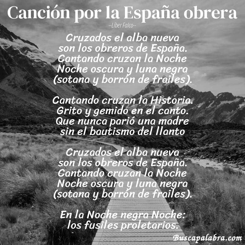 Poema Canción por la España obrera de Líber Falco con fondo de paisaje