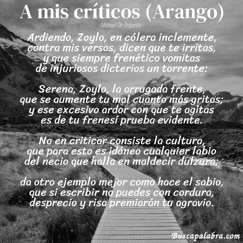 Poema A mis críticos (Arango) de Manuel de Zequeira con fondo de paisaje