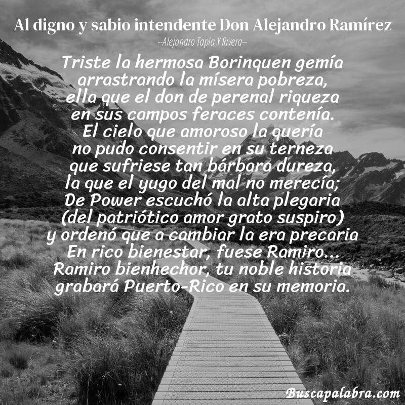 Poema Al digno y sabio intendente Don Alejandro Ramírez de Alejandro Tapia y Rivera con fondo de paisaje