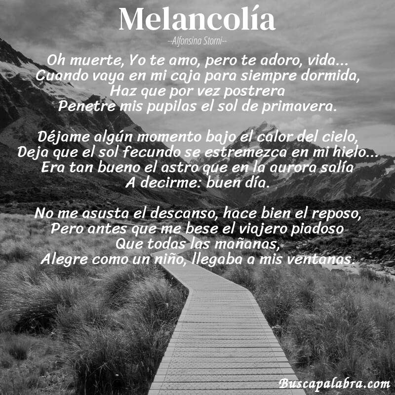 Poema Melancolía de Alfonsina Storni con fondo de paisaje