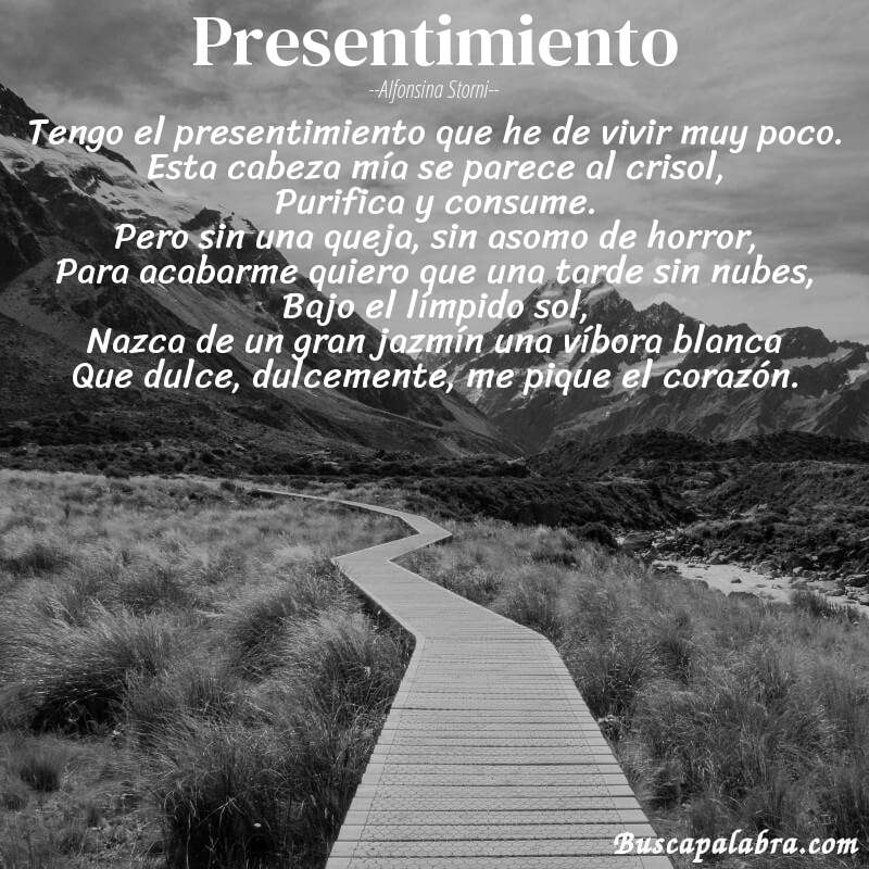 Poema Presentimiento de Alfonsina Storni con fondo de paisaje
