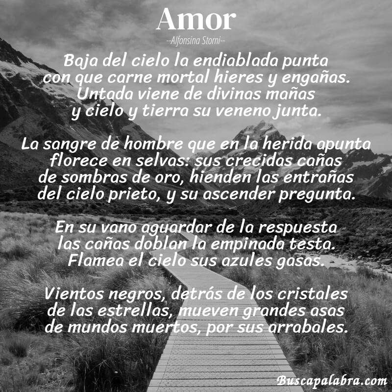 Poema Amor de Alfonsina Storni con fondo de paisaje