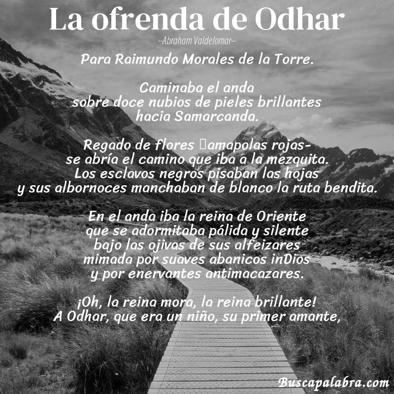 Poema La ofrenda de Odhar de Abraham Valdelomar con fondo de paisaje