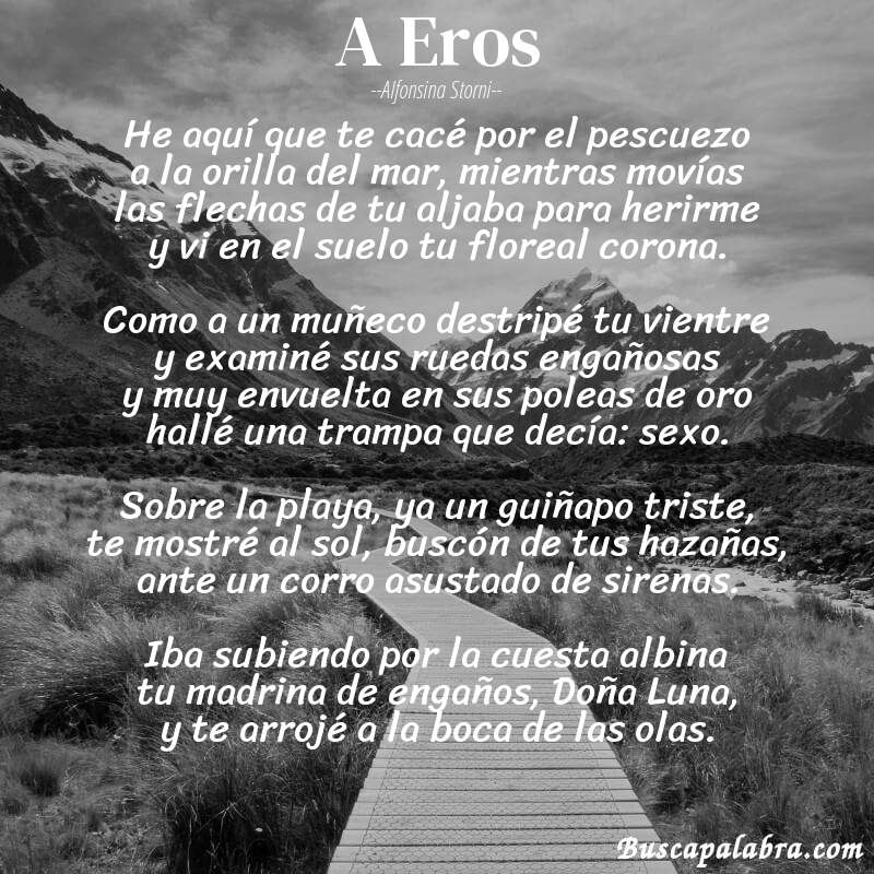 Poema A Eros de Alfonsina Storni con fondo de paisaje