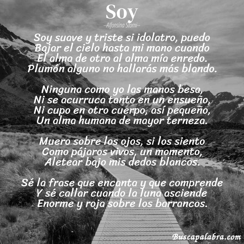 Poema Soy de Alfonsina Storni con fondo de paisaje