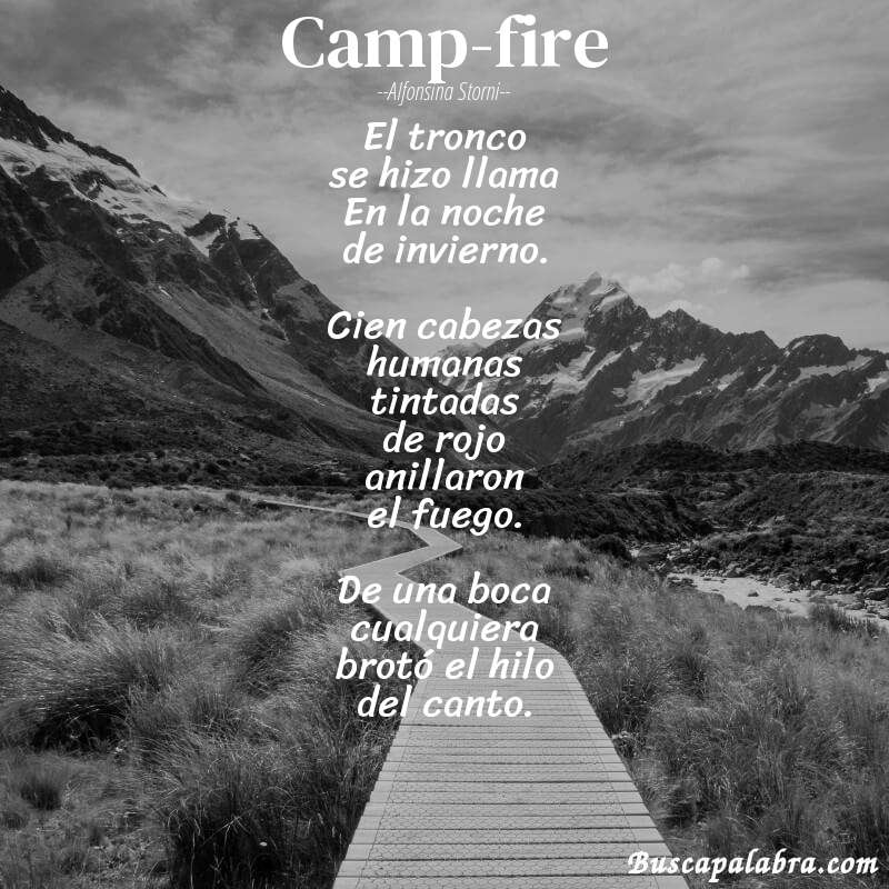 Poema Camp-fire de Alfonsina Storni con fondo de paisaje