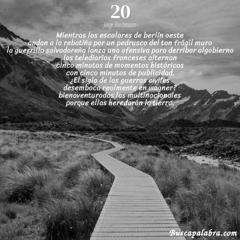 Poema 20 de Jorge Riechmann con fondo de paisaje