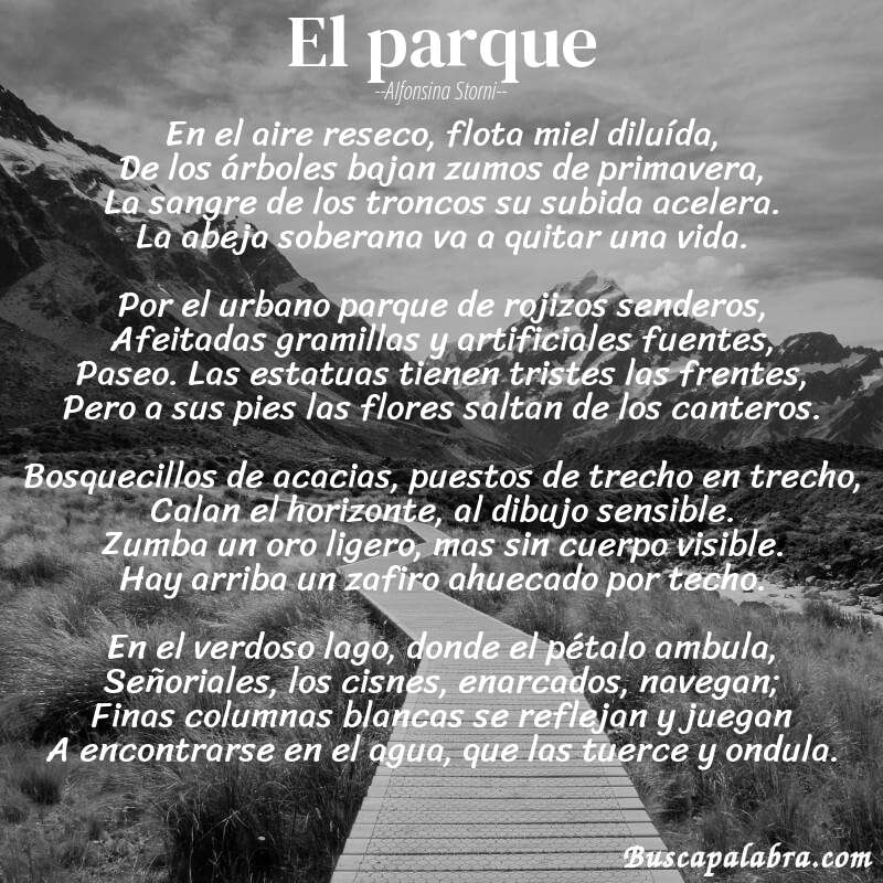 Poema El parque de Alfonsina Storni con fondo de paisaje