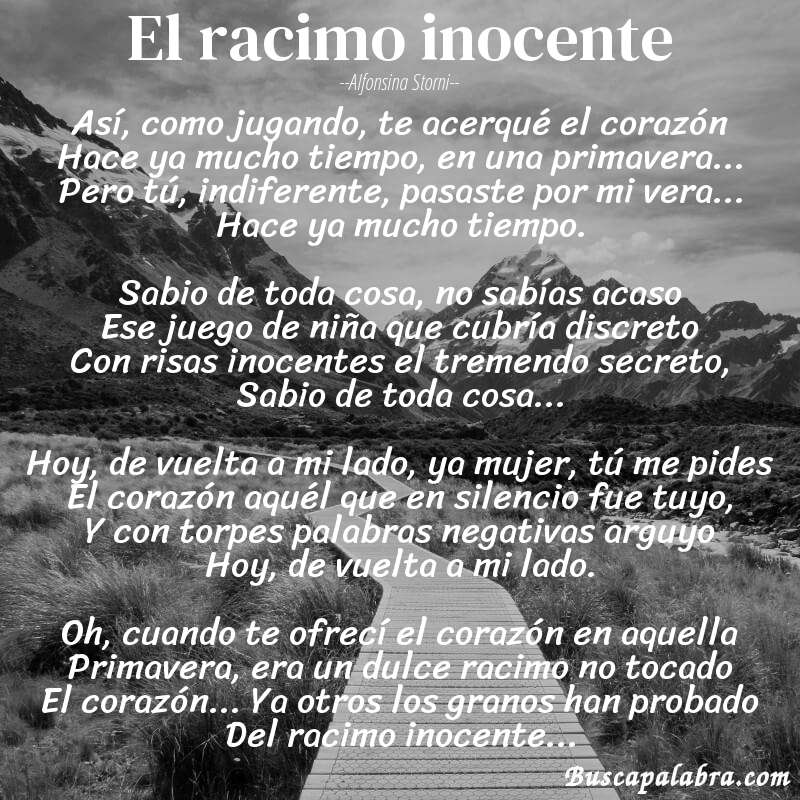Poema El racimo inocente de Alfonsina Storni con fondo de paisaje