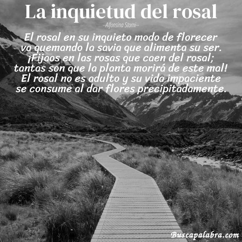 Poema La inquietud del rosal de Alfonsina Storni con fondo de paisaje