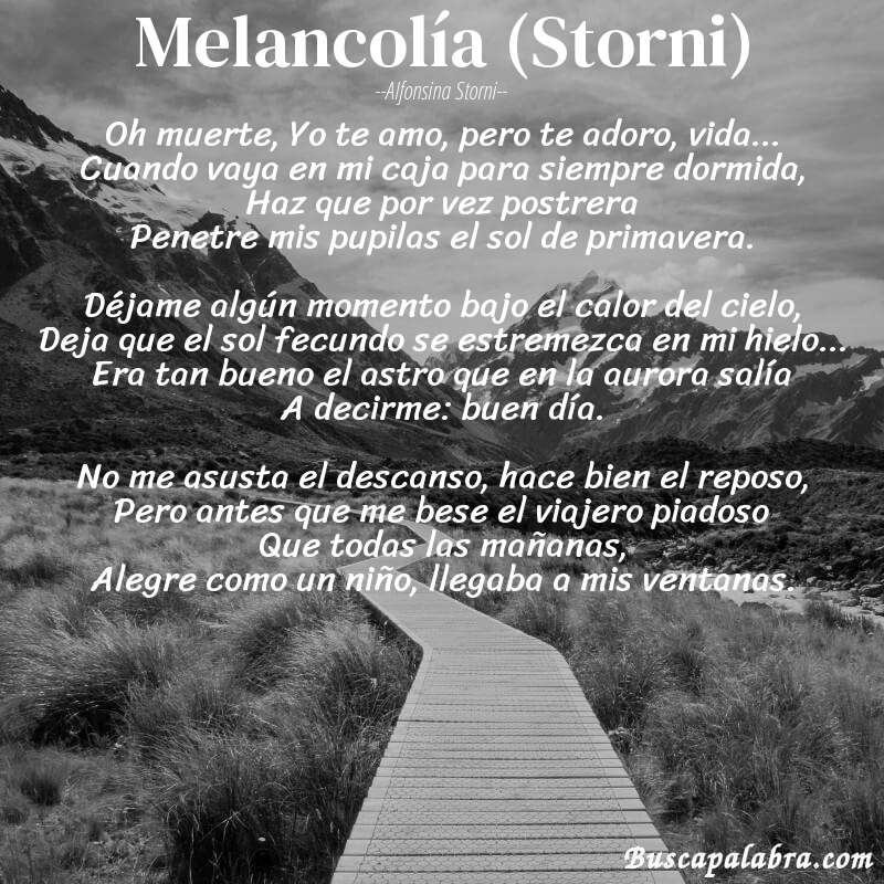 Poema Melancolía (Storni) de Alfonsina Storni con fondo de paisaje