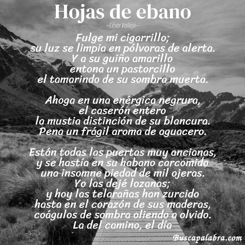 Poema Hojas de ebano de César Vallejo con fondo de paisaje