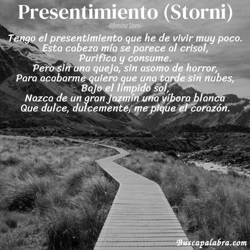 Poema Presentimiento (Storni) de Alfonsina Storni con fondo de paisaje