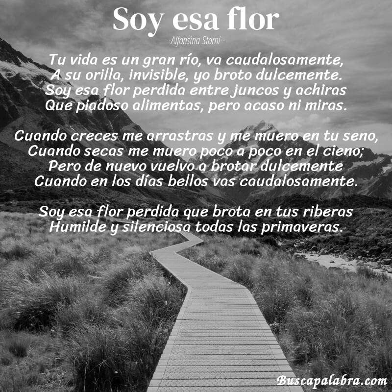 Poema Soy esa flor de Alfonsina Storni con fondo de paisaje