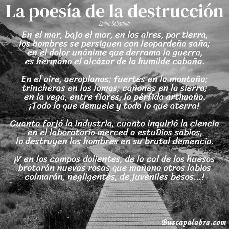Poema La poesía de la destrucción de Emilio Bobadilla con fondo de paisaje