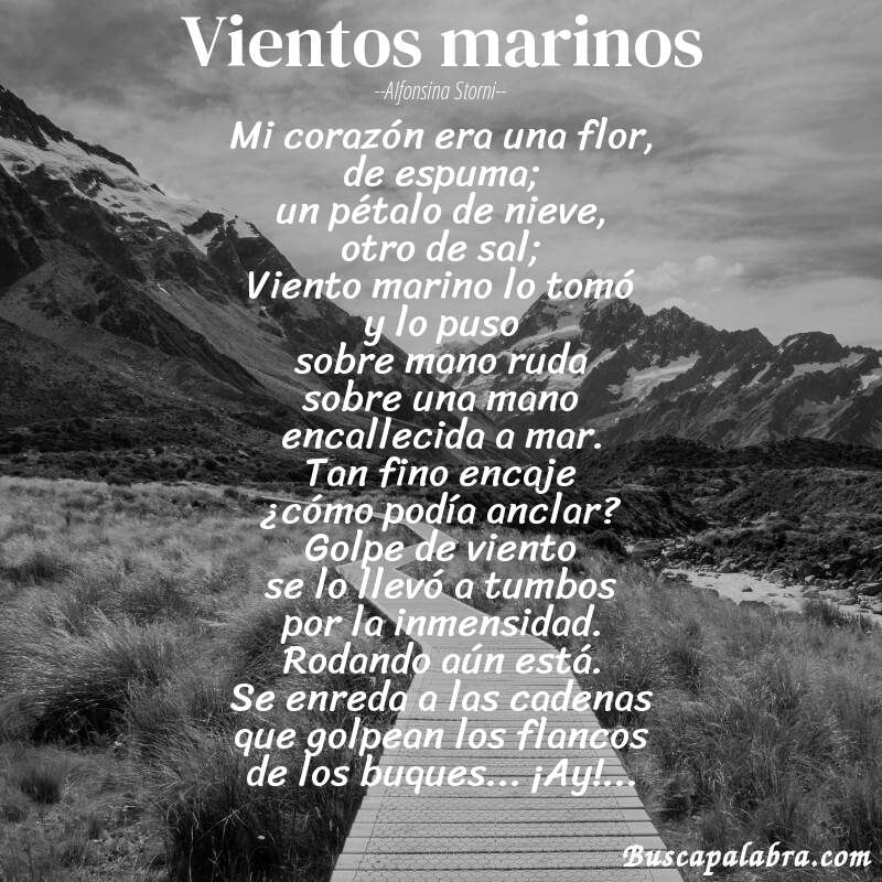 Poema Vientos marinos de Alfonsina Storni con fondo de paisaje