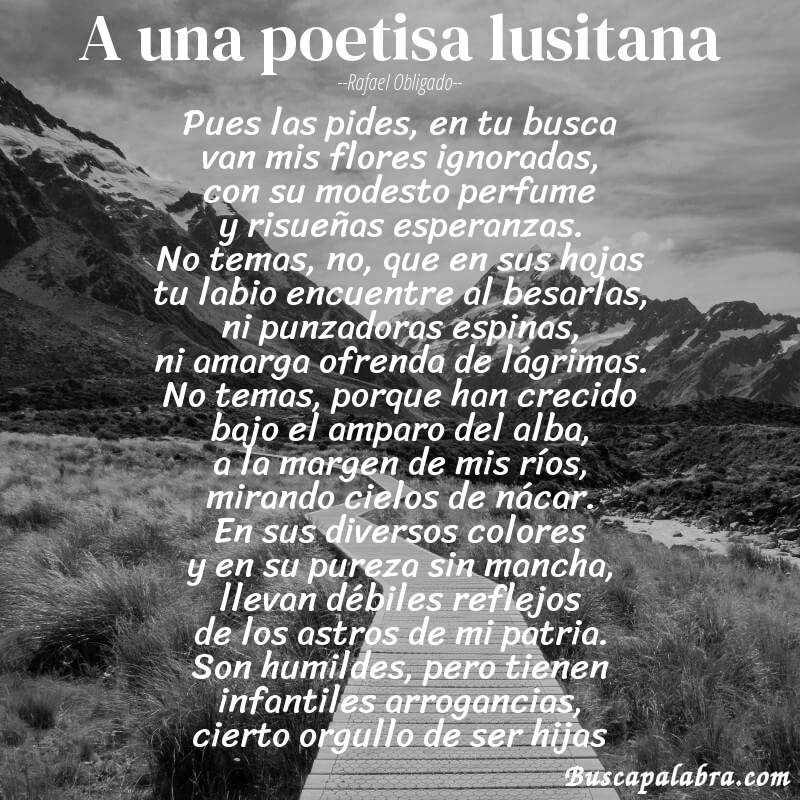 Poema a una poetisa lusitana de Rafael Obligado con fondo de paisaje