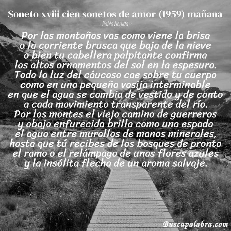 Poema soneto xviii cien sonetos de amor (1959) mañana de Pablo Neruda con fondo de paisaje