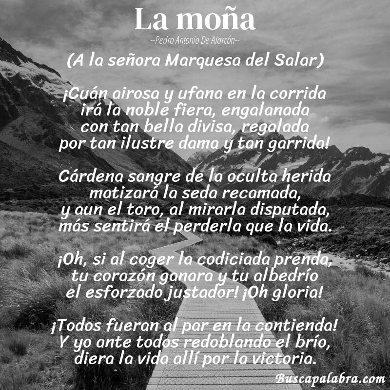 Poema La moña de Pedro Antonio de Alarcón con fondo de paisaje