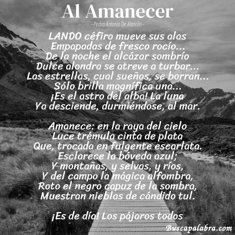 Poema Al Amanecer de Pedro Antonio de Alarcón con fondo de paisaje