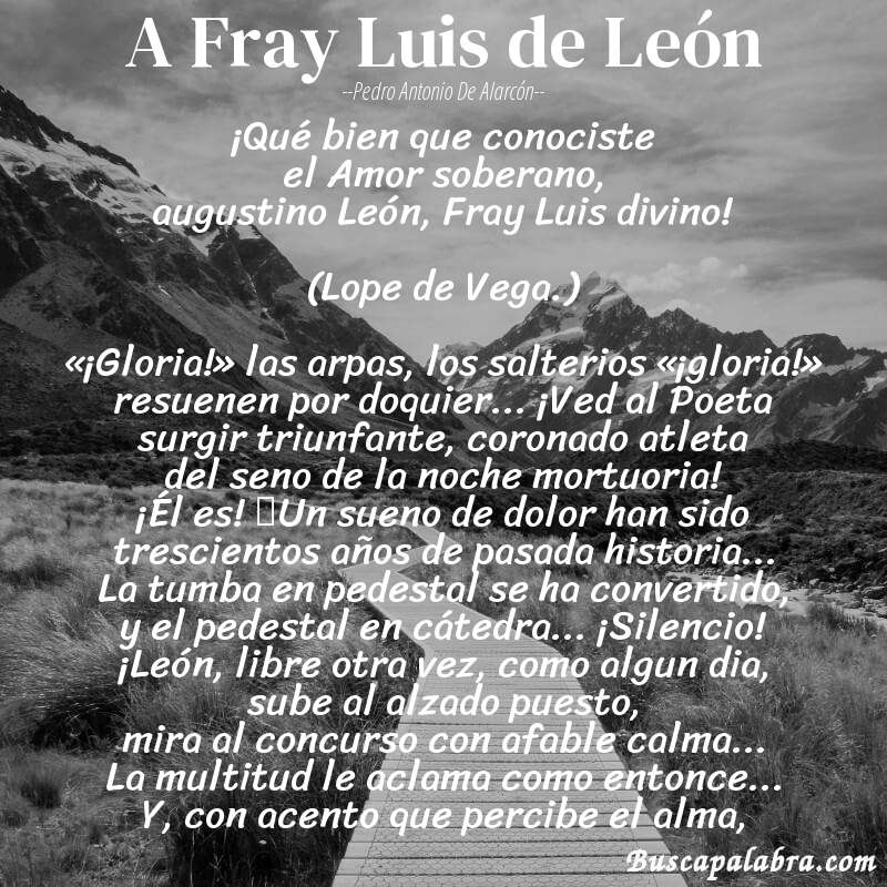 Poema A Fray Luis de León de Pedro Antonio de Alarcón con fondo de paisaje