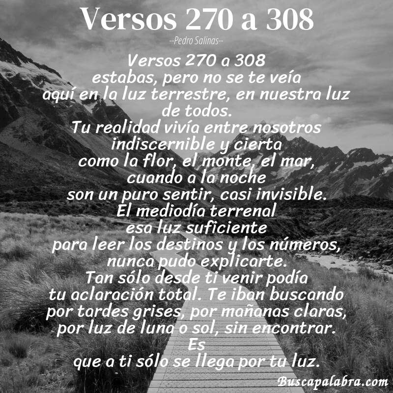 Poema versos 270 a 308 de Pedro Salinas con fondo de paisaje