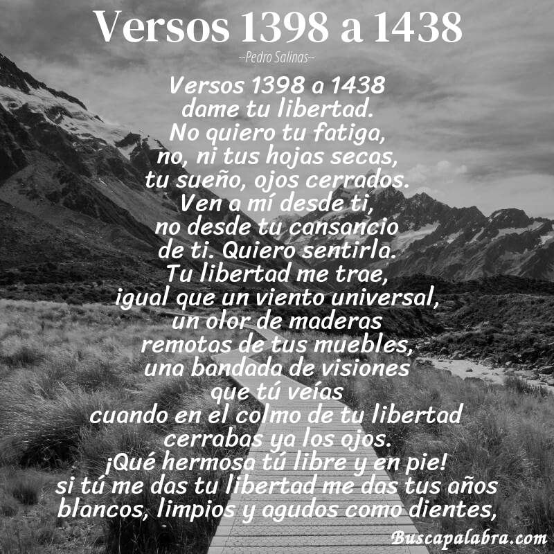 Poema versos 1398 a 1438 de Pedro Salinas con fondo de paisaje