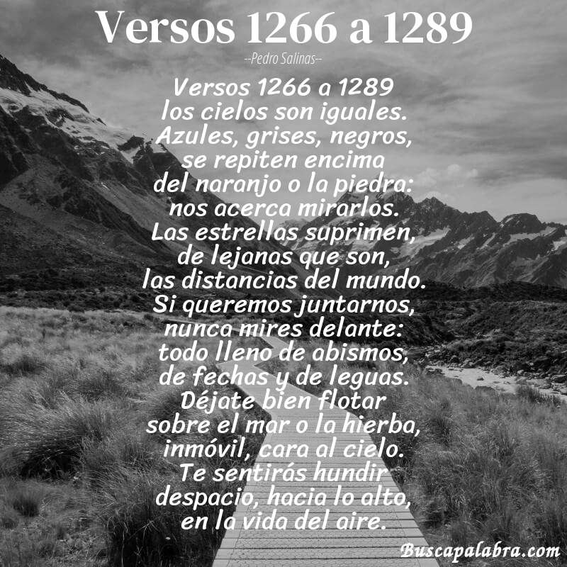Poema versos 1266 a 1289 de Pedro Salinas con fondo de paisaje