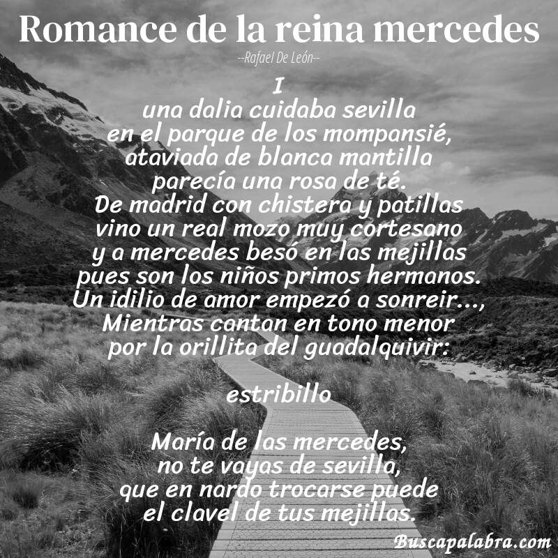 Poema romance de la reina mercedes de Rafael de León con fondo de paisaje