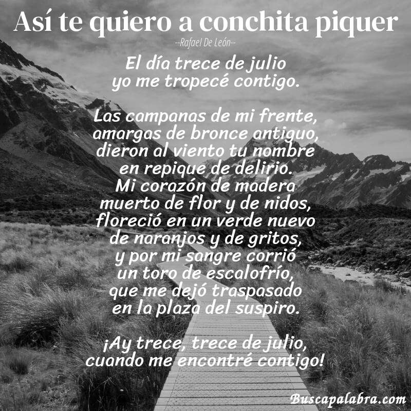 Poema así te quiero a conchita piquer de Rafael de León con fondo de paisaje