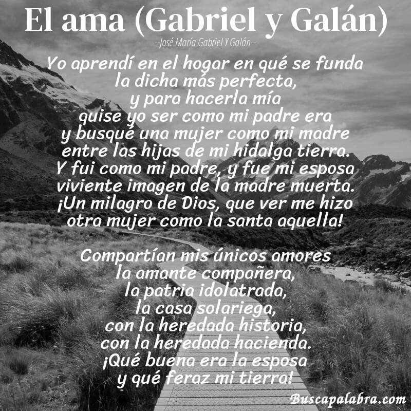 Poema El ama (Gabriel y Galán) de José María Gabriel y Galán con fondo de paisaje