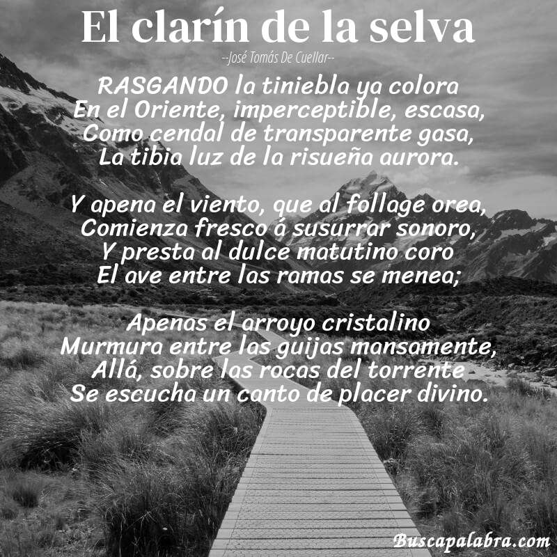 Poema El clarín de la selva de José Tomás de Cuellar con fondo de paisaje