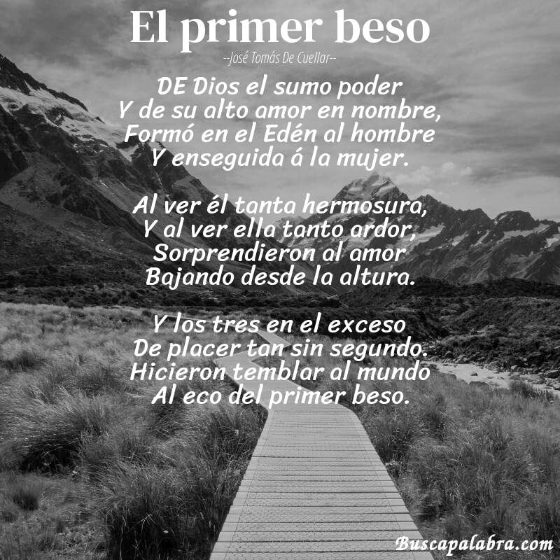 Poema El primer beso de José Tomás de Cuellar con fondo de paisaje