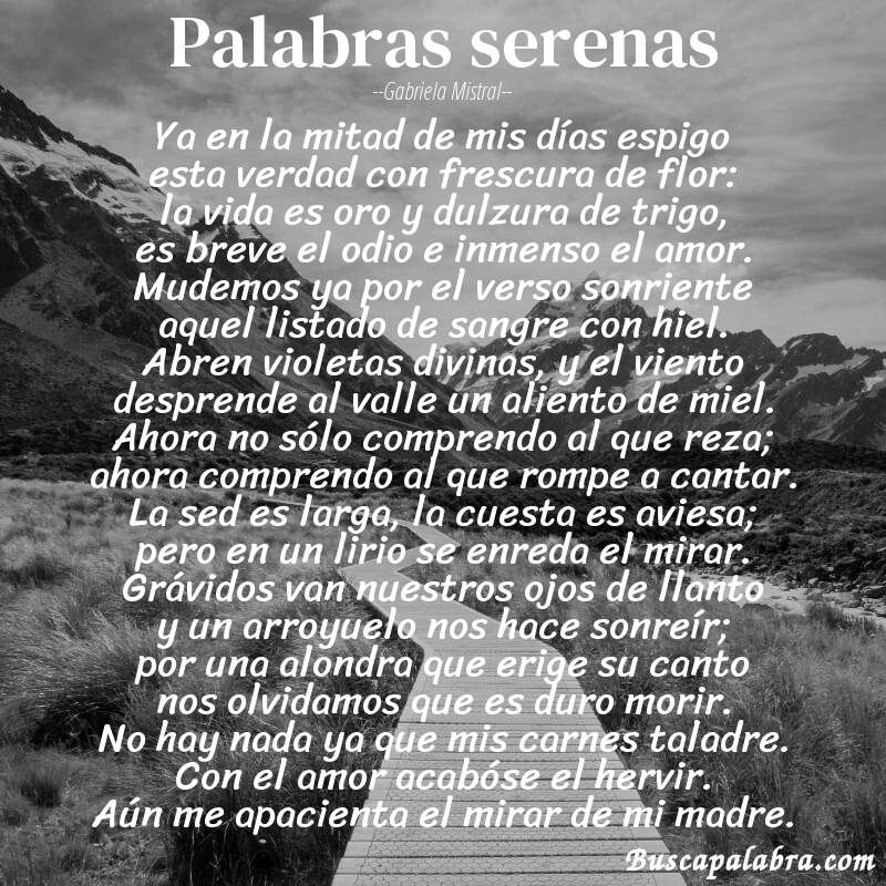 Poema palabras serenas de Gabriela Mistral con fondo de paisaje