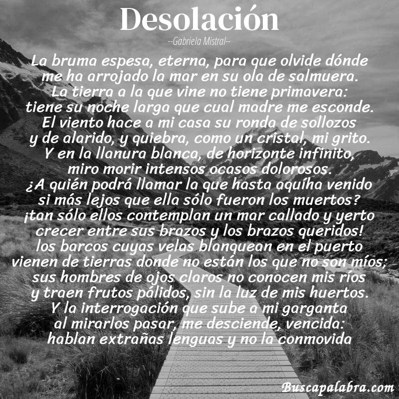 Poema desolación de Gabriela Mistral con fondo de paisaje