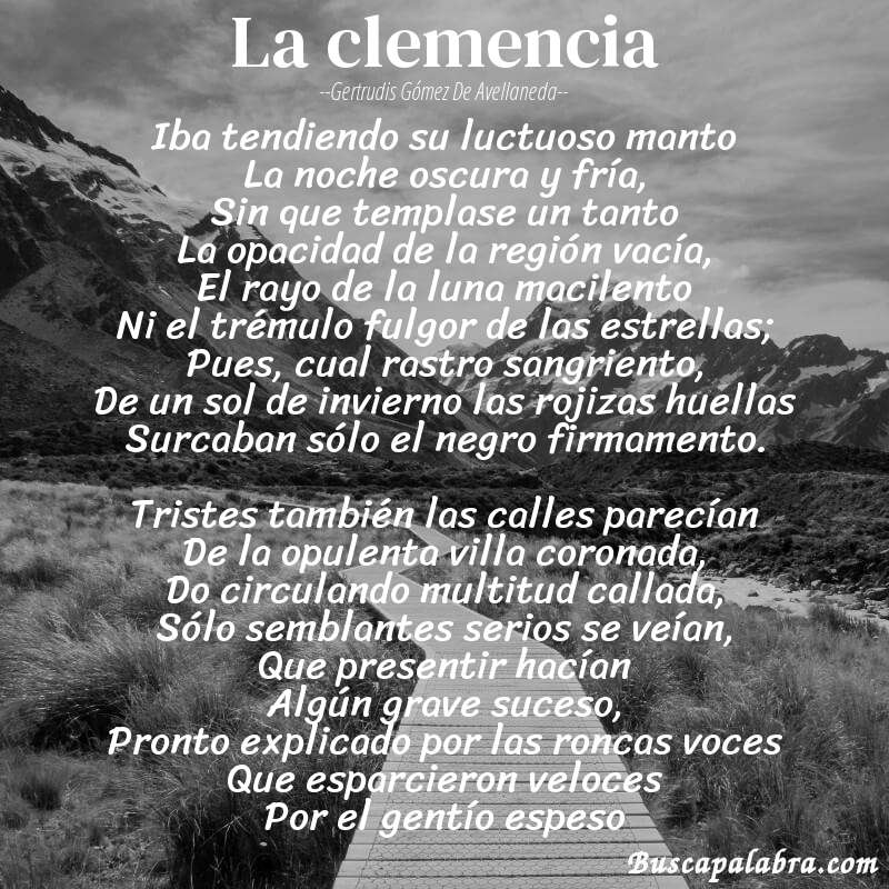Poema La clemencia de Gertrudis Gómez de Avellaneda con fondo de paisaje