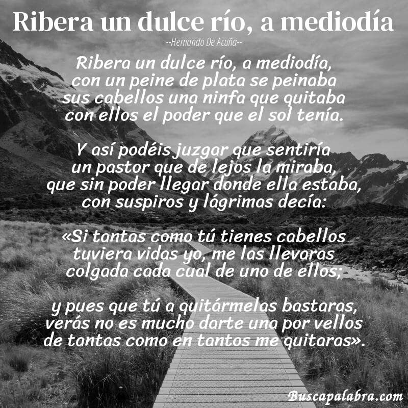 Poema Ribera un dulce río, a mediodía de Hernando de Acuña con fondo de paisaje