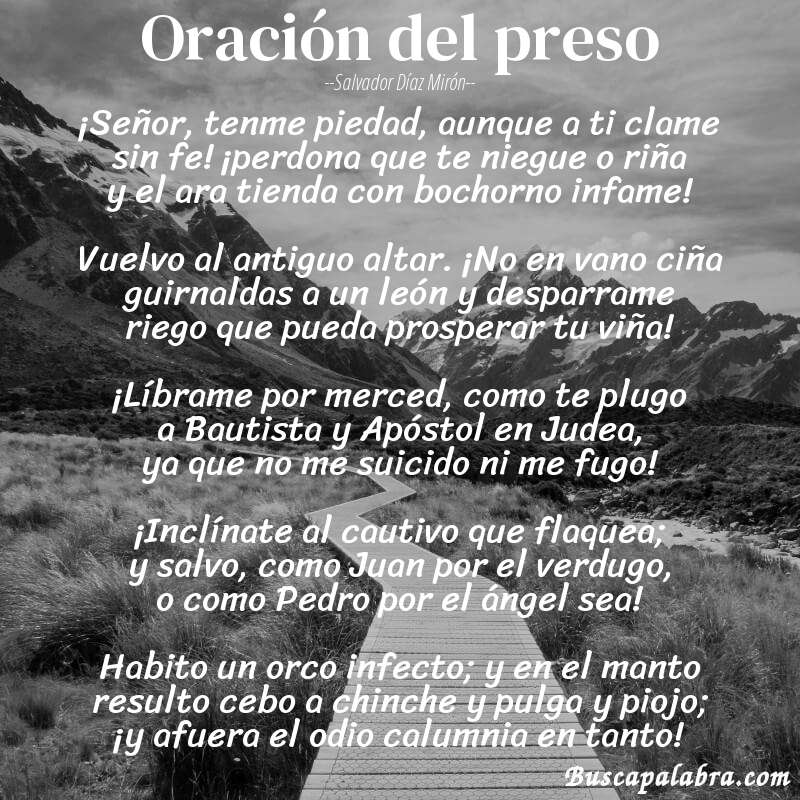 Poema Oración del preso de Salvador Díaz Mirón con fondo de paisaje