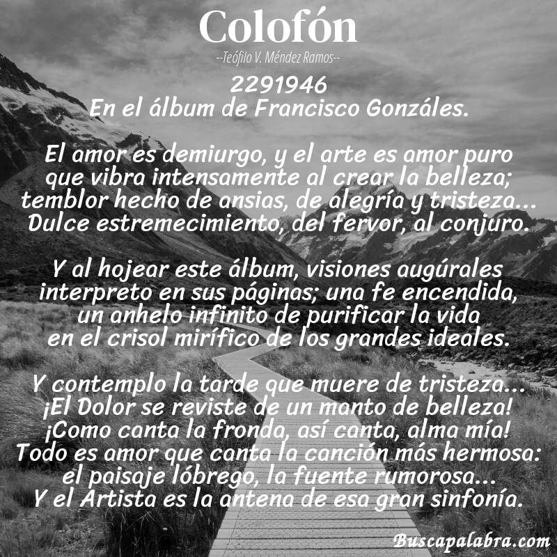 Poema Colofón de Teófilo V. Méndez Ramos con fondo de paisaje
