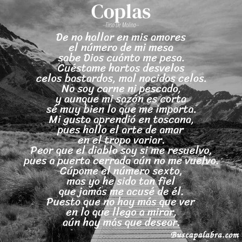 Poema coplas de Tirso de Molina con fondo de paisaje