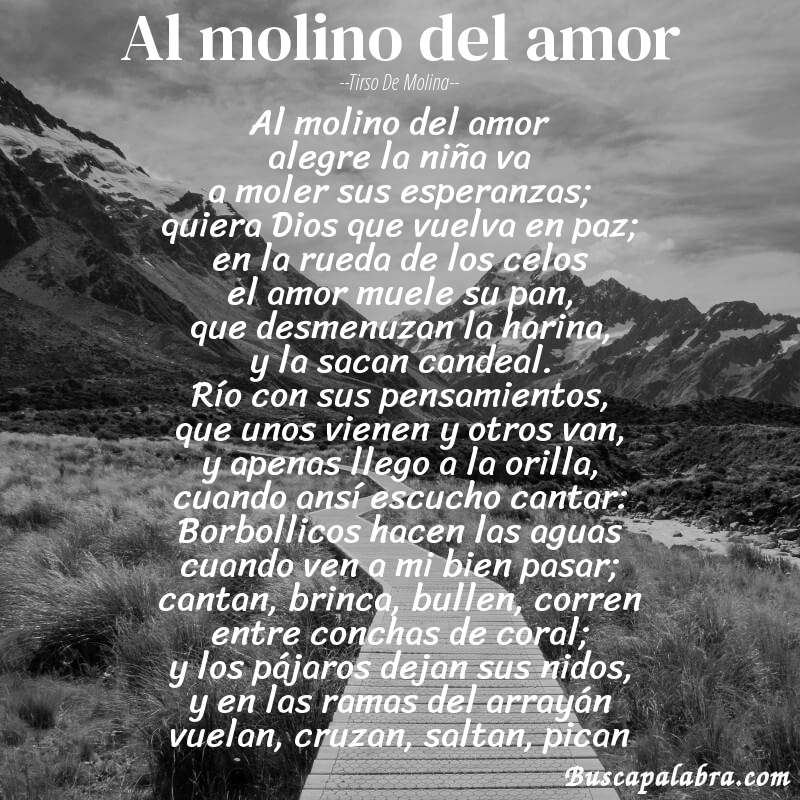Poema Al molino del amor de Tirso de Molina con fondo de paisaje