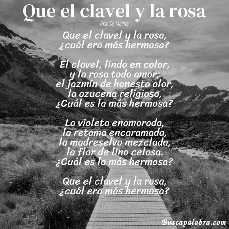 Poema Que el clavel y la rosa de Tirso de Molina con fondo de paisaje