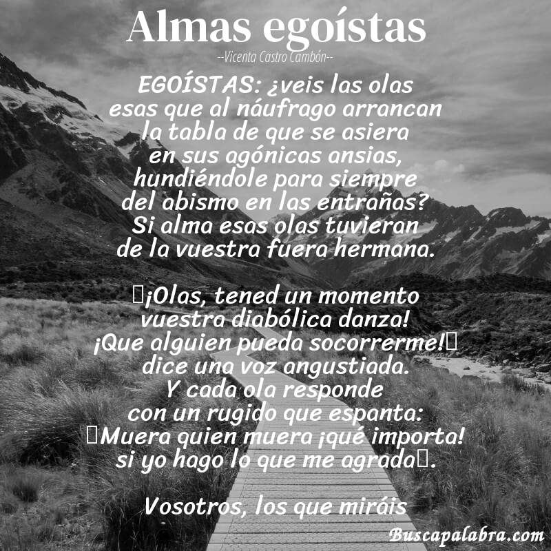 Poema Almas egoístas de Vicenta Castro Cambón con fondo de paisaje