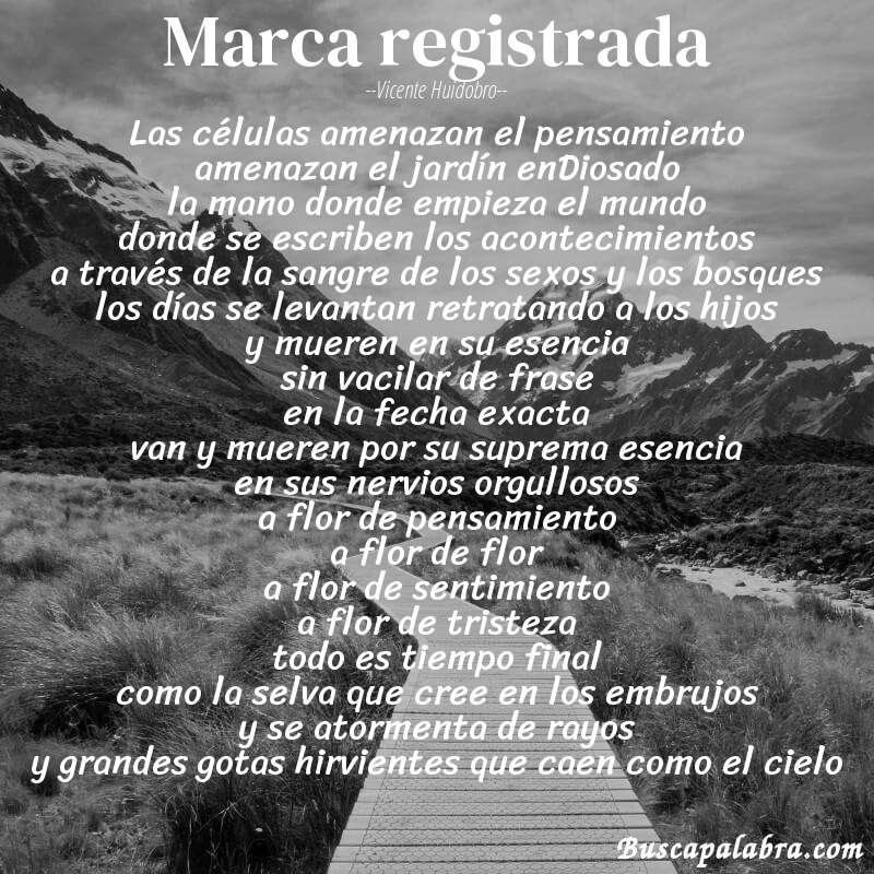 Poema marca registrada de Vicente Huidobro con fondo de paisaje
