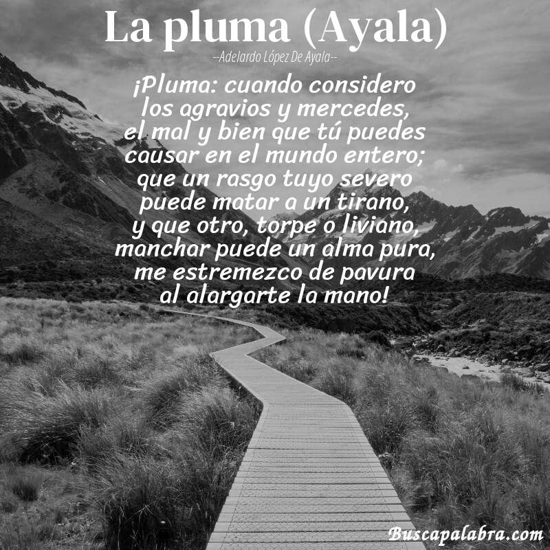 Poema La pluma (Ayala) de Adelardo López de Ayala con fondo de paisaje