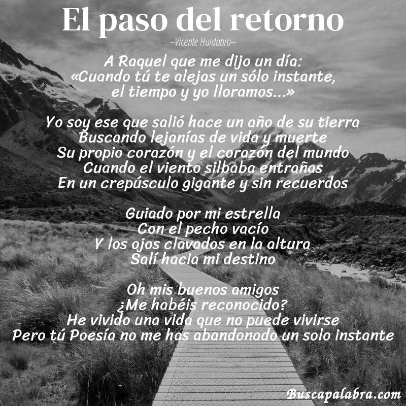 Poema El paso del retorno de Vicente Huidobro con fondo de paisaje