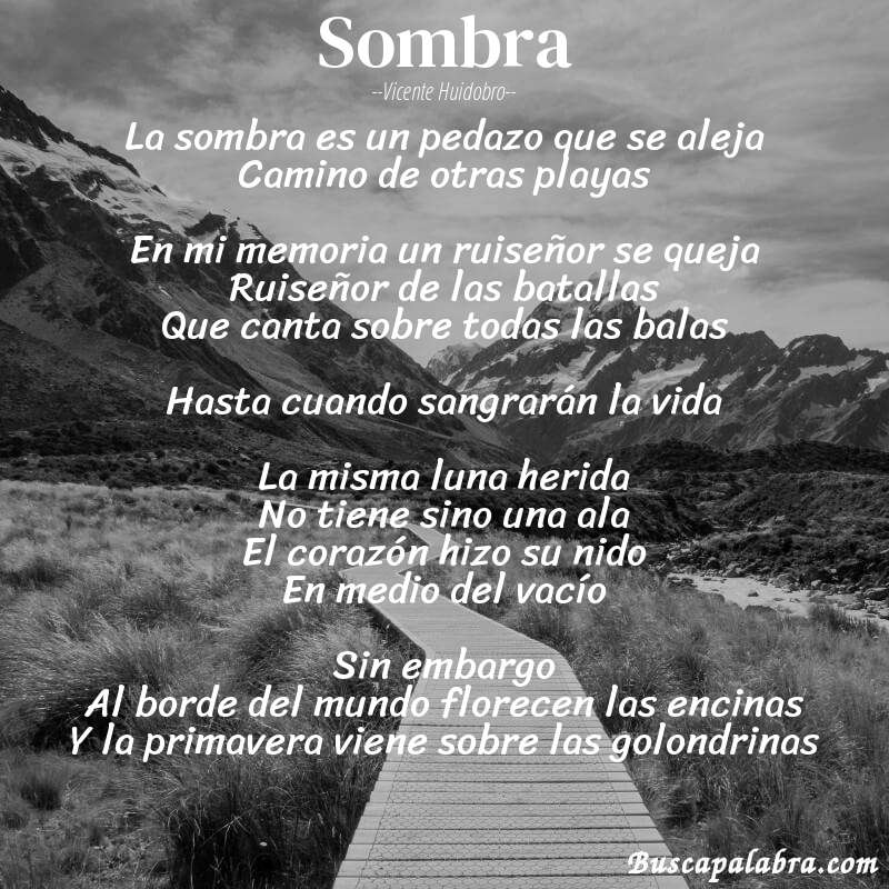 Poema Sombra de Vicente Huidobro con fondo de paisaje