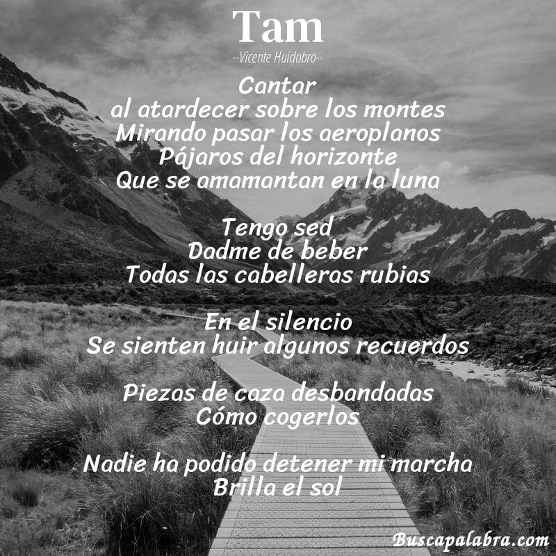 Poema Tam de Vicente Huidobro con fondo de paisaje