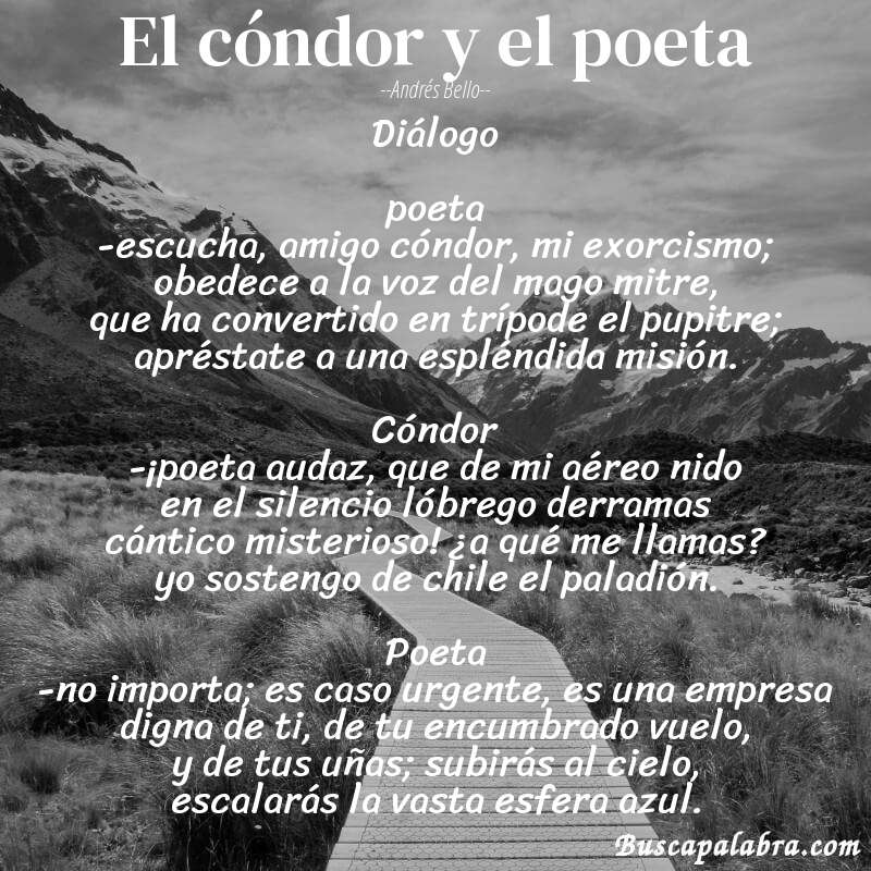 Poema el cóndor y el poeta de Andrés Bello con fondo de paisaje